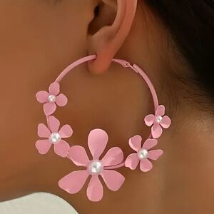 Pink flower pearl hoop earrings